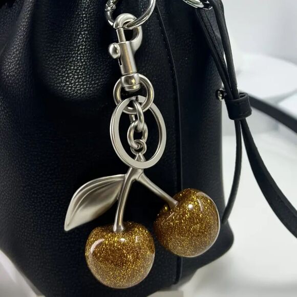 Gold Resin Glitter Cherries Polished Silver Hardware Purse / Bag/ Keychain Charm - Picture 1 of 6